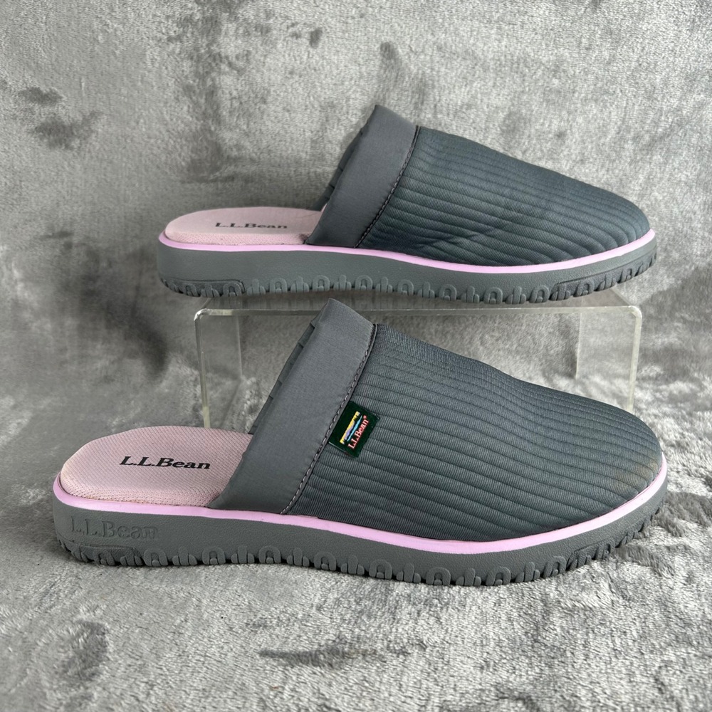 LL Bean Mountain Slippers Womens 9 Gray Pink Quilted Nylon Scuff 512398